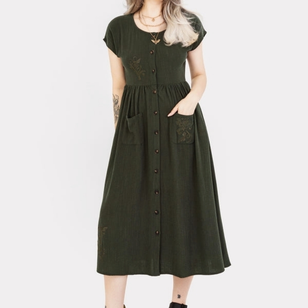 Disturbia Olive Green Button-Down Midi Dress